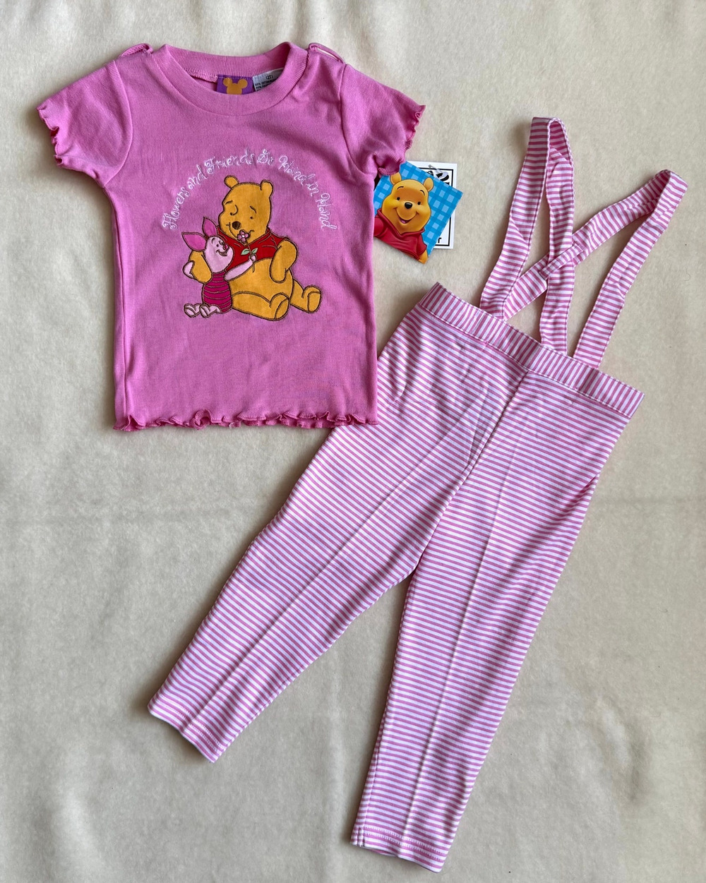 Vintage 90s Disney Winnie the Pooh Overalls Set Girls Size 2T Pink White Piglet